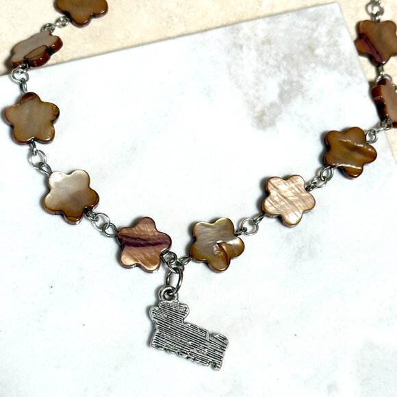 Caramel Mother of Pearl Flower Beaded Short Necklace+Cat Person PawPrint Pendant - Picture 7 of 13